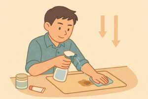 洗剤を使って段階的に掃除を進めている様子を描いたイラスト