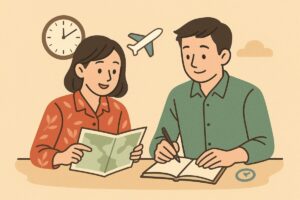 宿泊計画を立てる旅行者のイラスト
