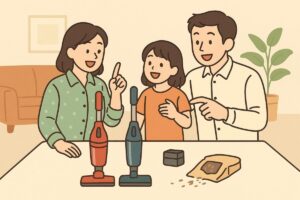 PKV-BK3LとBK3Kの掃除機を家族が比較してまとめているシーン