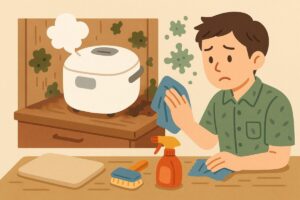 家具の変色やカビの発生と、その対策を行う様子