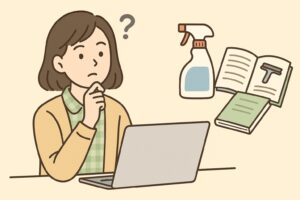 考えながら掃除方法を調べている人物を描いたイラスト