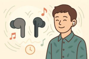 PRO 2とPRO 3のイヤホンが並び、周囲に音波と笑顔の人物が描かれているイメージ。