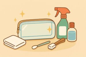 まとめとして清潔な筆箱と掃除アイテムが並んだイラスト