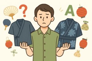 男性が甚平と浴衣を手に取り悩んでいる様子、背景に「?」のイメージを小物で表現