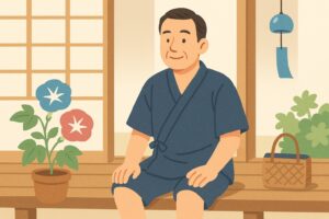 涼しげな甚平を着た男性が縁側でくつろぐ様子、背景に夏の草花