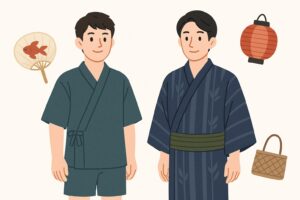 甚平と浴衣を比較する男性2人、横に並んで着こなしを見せるシーン