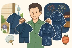 甚平と浴衣を選ぶ男性が鏡の前で悩む様子、背景に夏祭りや縁側のイメージ