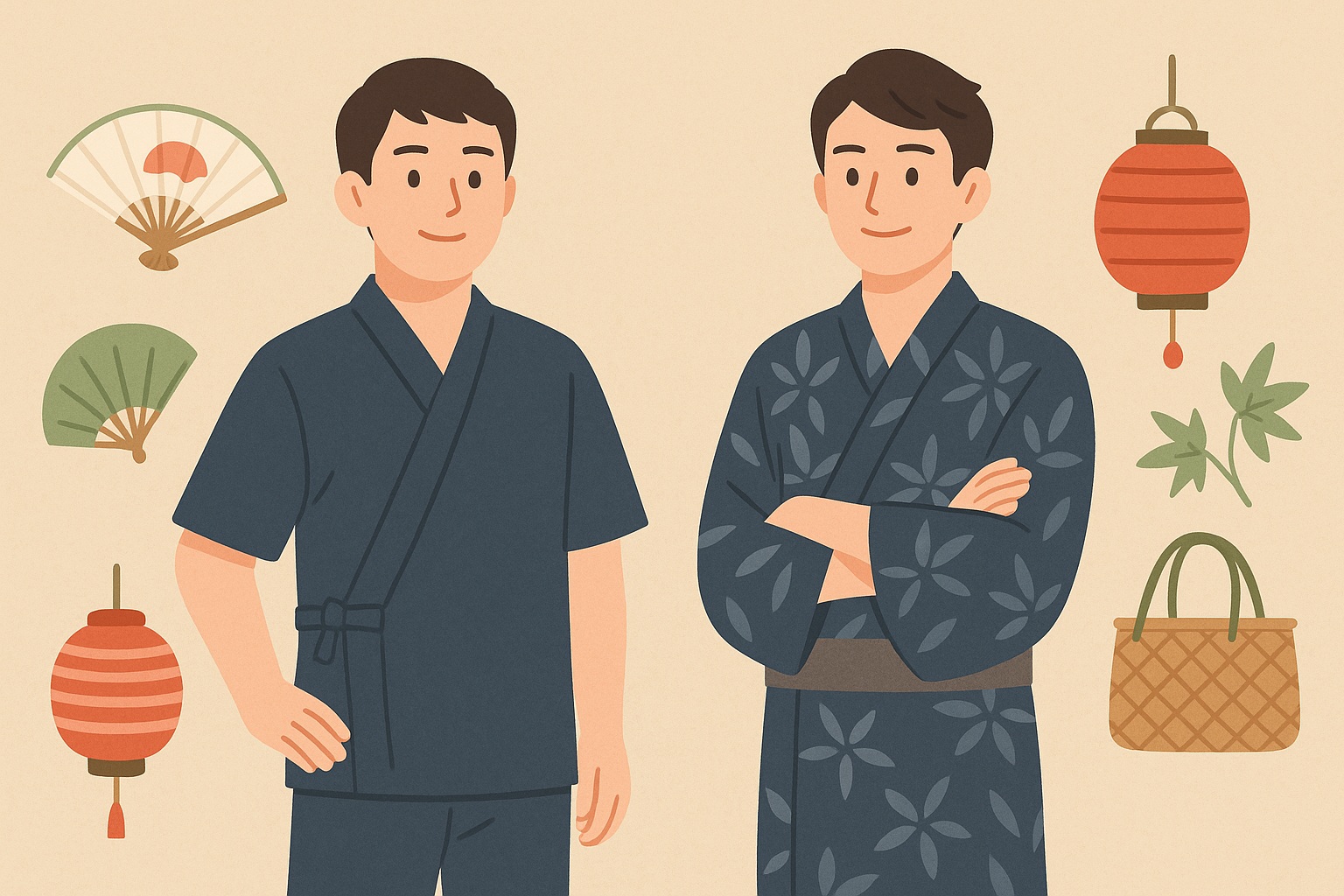 甚平と浴衣を着た男性が並び立ち、背景に提灯や扇子など夏の小物が添えられた和風イラスト