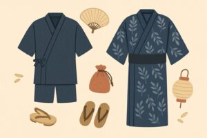 甚平や浴衣、小物(扇子・下駄・巾着袋)が並ぶ和風アイテムイラスト