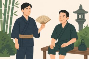 浴衣姿の男性が扇子を持ち、甚平姿の男性が夕涼みする対比イラスト