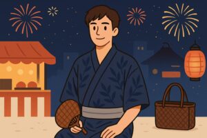 浴衣を着た男性が夏祭りの夜に立つ姿、後ろに花火や屋台の雰囲気