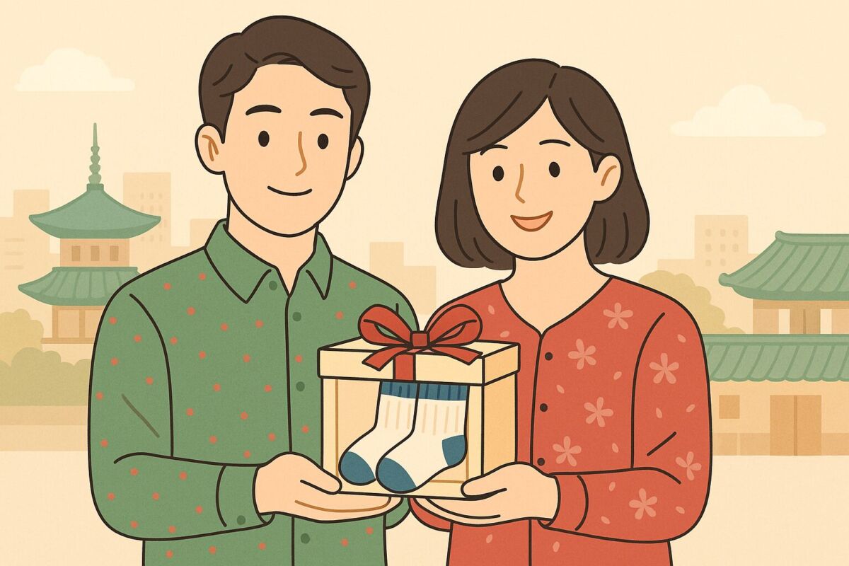 韓国の文化と靴下プレゼントの意味を象徴する温かい雰囲気のイラスト