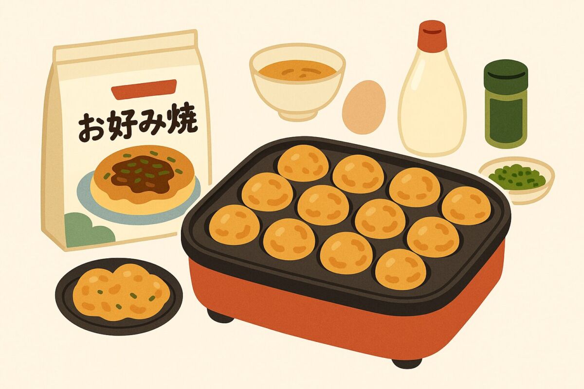 たこ焼き器で焼かれるふっくらとしたたこ焼きとお好み焼き粉の袋が並ぶ様子