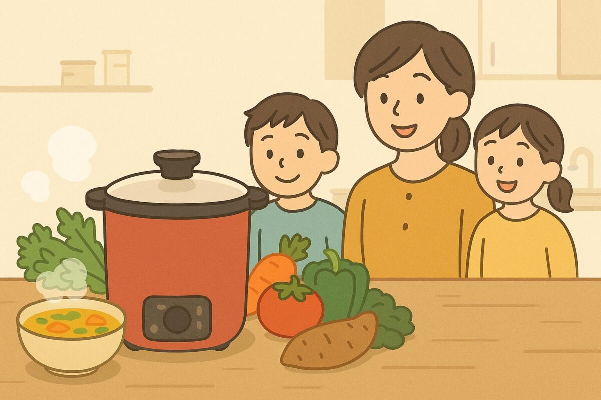 自動調理ポットを使って楽しく料理する明るい家庭のイメージ