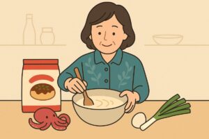 ボウルで生地を混ぜる人と材料が並ぶ台所の風景