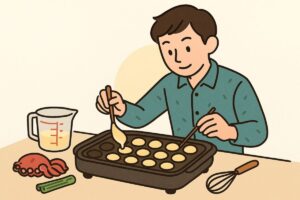たこ焼きの生地をホットプレートに流し入れて焼き始める場面