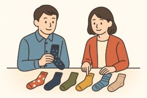 贈る相手に合わせて靴下を選ぶシーンのイラスト
