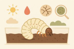 湿度や温度の変化に反応するカブトムシ幼虫のイラスト