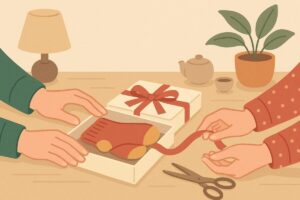 靴下を丁寧に包装するマナーをイメージしたイラスト