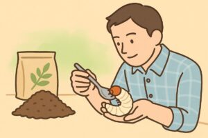 幼虫の体色をチェックしている飼育者のイラスト