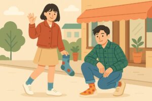 韓国の若者ファッションと人気靴下アイテムを表現したイラスト韓国の若者ファッションと人気靴下アイテムを表現したイラスト