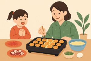 テーブルに並ぶ具材とたこ焼きを焼くホットプレートのシーン