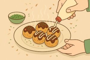 ソースやマヨネーズをかけたたこ焼きを盛り付ける場面