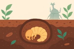 蛹室の中で静かに変化する幼虫の成長イメージ