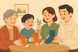 靴下の贈り物で家族や恋人との関係を深めるシーンのイラスト
