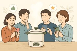 自動調理ポットの使用上の注意やレビューを伝えるイメージ