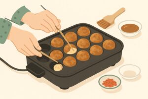 竹串でたこ焼きを慎重に返す手元のクローズアップ