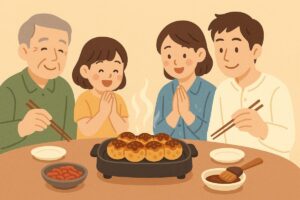 焼き上がったたこ焼きを家族で囲む明るい食卓の風景