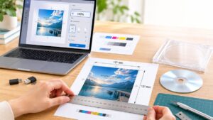 CDジャケットを100パーセントの原寸サイズで印刷する設定を確認している画像