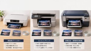 自宅プリンターとコンビニ印刷、印刷業者の違いを比較したイメージ画像