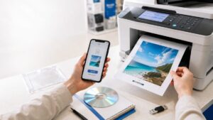 コンビニのマルチコピー機でCDジャケットを印刷する流れをイメージした画像