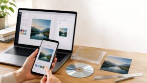 スマホとパソコンのデザインツールで121mm角のCDジャケットを作成している様子