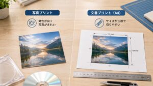 CDジャケット用の写真プリントとA4文書プリントの仕上がりを比較した画像