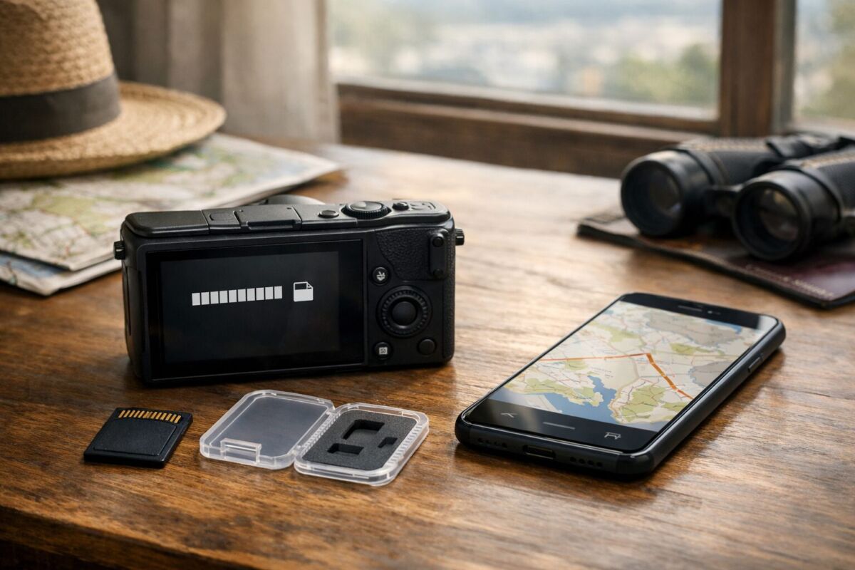 旅行中にカメラやスマホで撮影していてSDカードの容量不足が気になる状況を表したイメージ