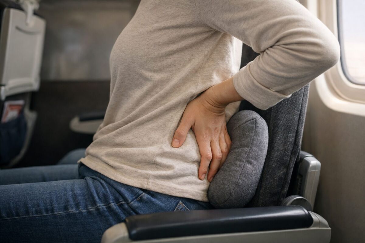 旅行中の長時間移動で腰に負担を感じている様子と腰用クッション