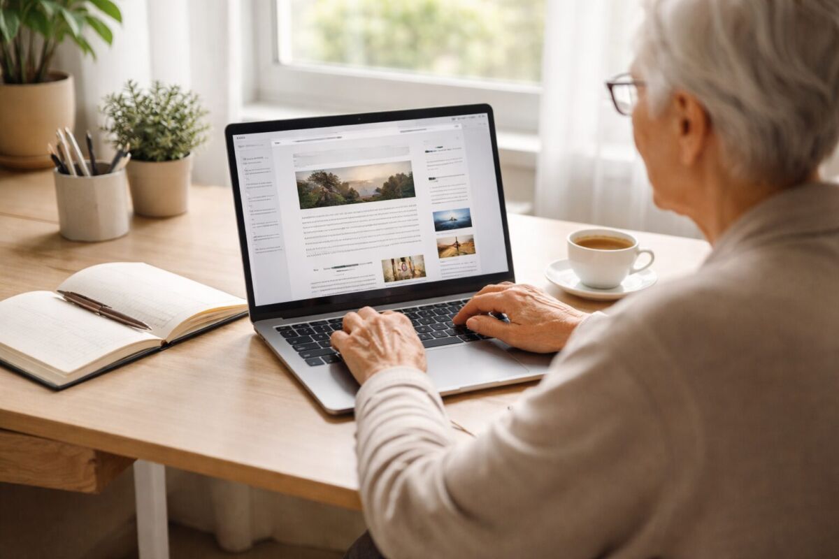 ChatGPTを使って効率的にブログ記事を作成している高齢者のイメージ