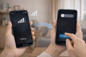 電話がツーツー音で切れるときの対処をしているスマートフォン利用者
