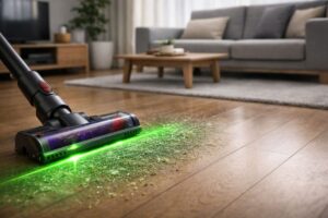 ダイソンV12のレーザーが床の細かいホコリを照らして見やすくしている様子
