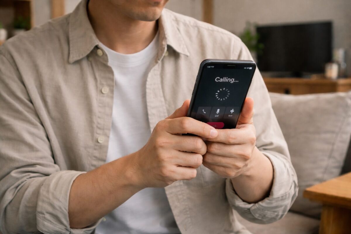 電話がつながらずスマホを見ながら困っている様子