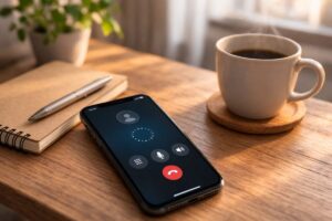 テーブルの上に置かれたスマートフォンの通話画面