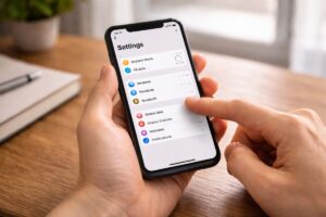 スマートフォンの設定を確認している手元