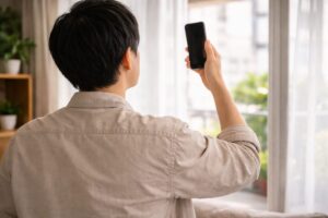 電波を探してスマホを持ち上げている様子