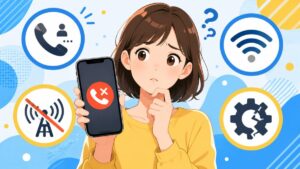 電話が発信できず困っている人と、通話中・着信拒否・通信不良・設定不具合を表すアイコンのイラスト