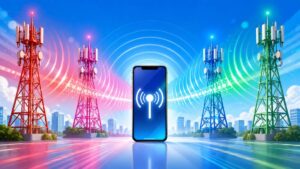 複数の携帯電話基地局からスマートフォンへ電波が送られる様子を表現したイラスト