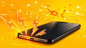 スマートフォンから警告音のような音が鳴り、通信エラーをイメージしたネットワークの途切れが描かれたイラスト