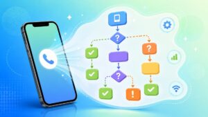 スマートフォンから電話トラブルの対処手順を示すフローチャートが表示されたイラスト